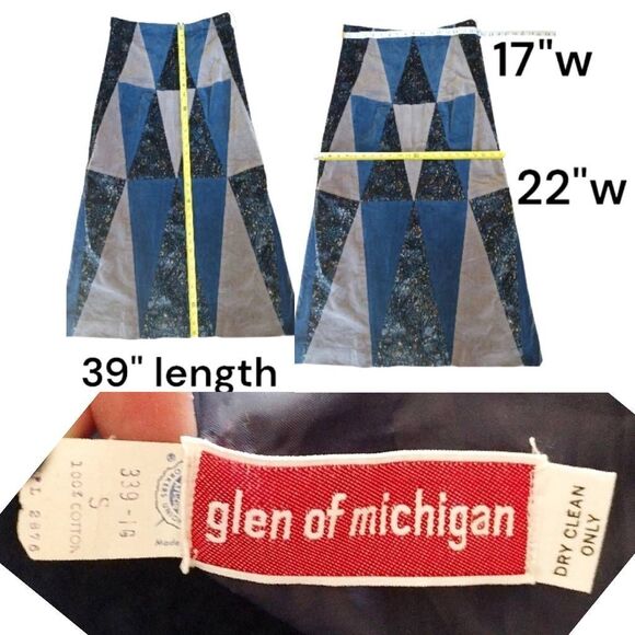 VTG 70s Glen of Michigan Blue Velvet Floral Patchwork Quilted Maxi Skirt Small - Picture 11 of 13